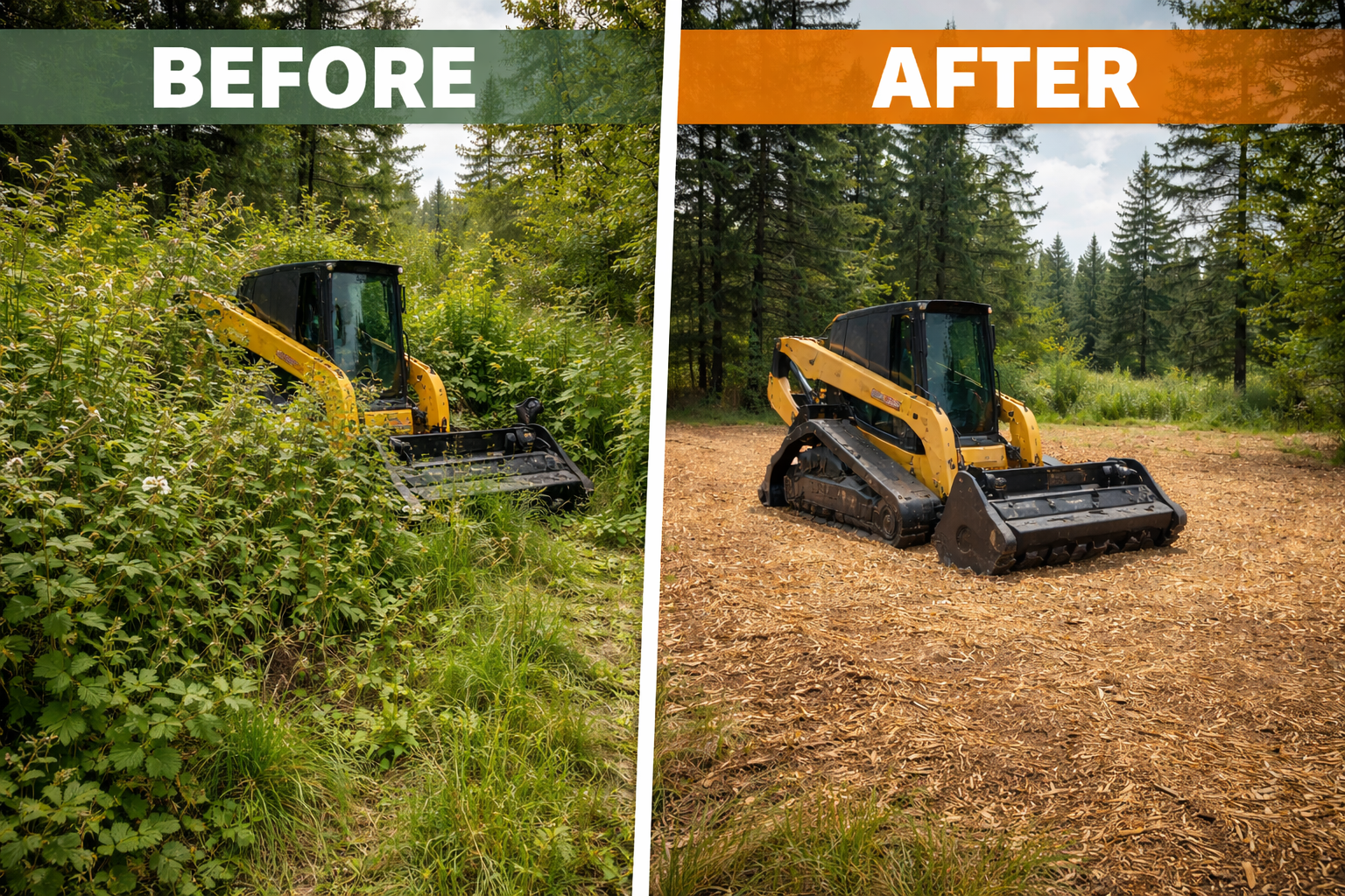 Before and after land clearing using skid steer mastication to remove blackberry bushes and brush in Grants Pass Oregon